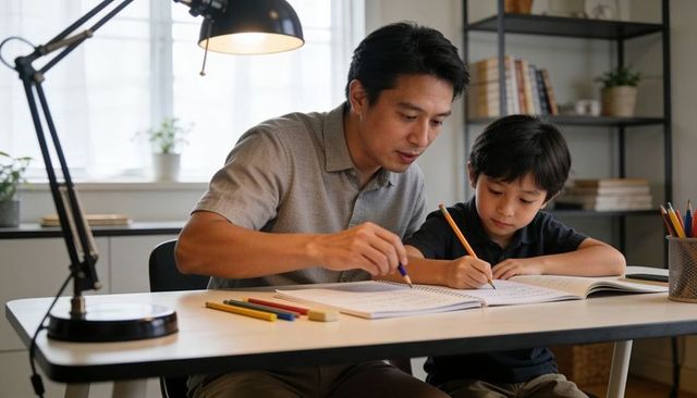 Father guiding son through homework at desk under lamp, studying together at home