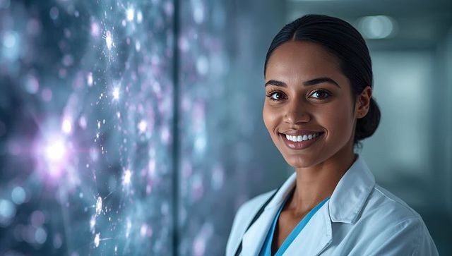 Smiling doctor standing near illuminated medical data display, futuristic healthcare