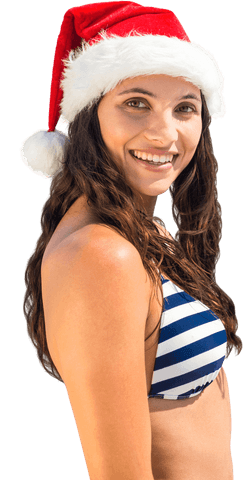 Happy Woman in Santa Hat Wearing Bikini on Transparent Background