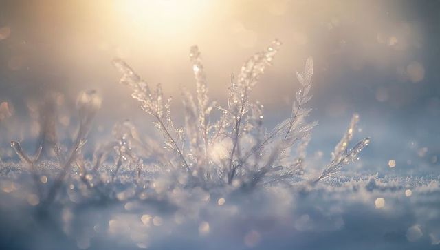 Sunlit hoarfrost on grass stems with sparkling ice crystals and golden bokeh glow