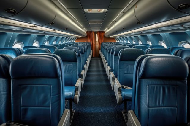Perfect for illustrating airline advertisements, presentation materials on travel and transportation, or articles on aviation industry. Highlights the modern interior design and comfort of a commercial airplane suited for frequent flyers and travelers.