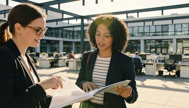 Two professional women collaborating while reviewing documents on modern office terrace