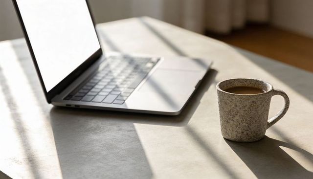 Speckled ceramic mug basking in sunlight beside open laptop on minimal desk