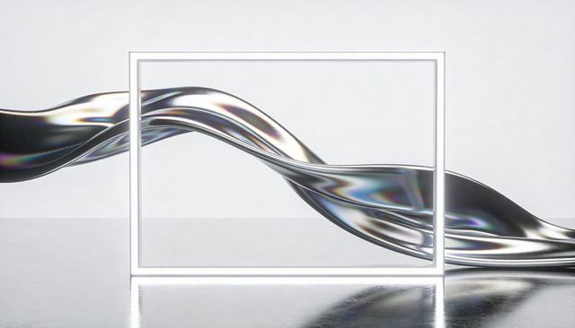 Iridescent chrome ribbon weaving through illuminated rectangular frame on reflective floor