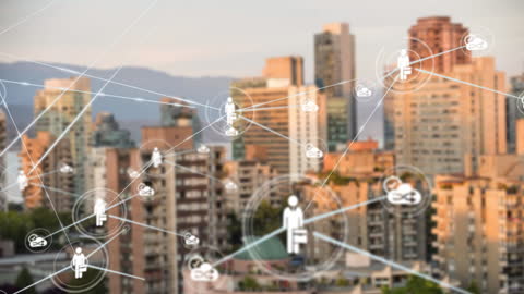 Digital Network Animation Over Urban Cityscape