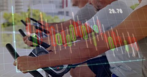 Men Spinning Bikes with Financial Chart Overlay, Fusion of Fitness and Economics