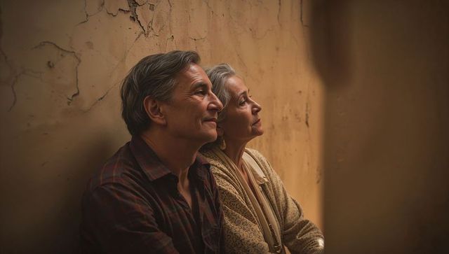 Mature couple gazing at beam of light on peeling wall, intimate contemplative portrait