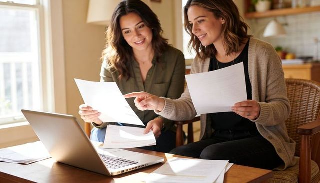 Two women collaborating on documents over laptop in sunlit home office kitchen