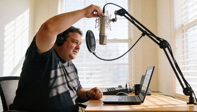 Recording podcaster adjusting condenser microphone in bright sunlit home studio workspace