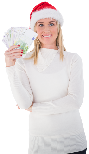 Smiling Woman Santa Hat Holding Euro Banknotes Christmas Finances Transparent Background - Download Free Stock Videos Pikwizard.com