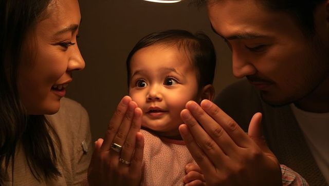 Warm glow family moment: parents cupping hands around baby under soft lamp light
