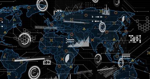 Neon-Blue Global Data Dashboard with HUD Rings, Geospatial Map, Grid Analytics Interface