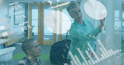 Diverse Team Collaborating in Modern Office with Virtual Data Overlay