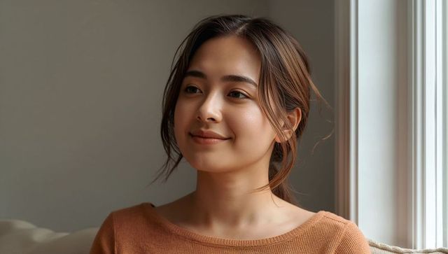 Asian woman gazing by window in cozy rust sweater, soft natural light, minimalist portrait
