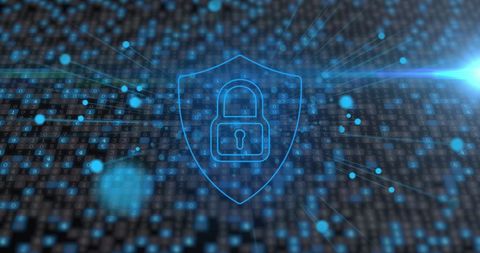 Digital security icon surrounded by encrypted network connections