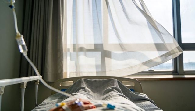 Sunlit hospital bed with resting patient under gray blanket and iv drip, curtain blowing softly
