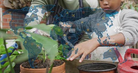 Intergenerational gardening collaboration planting seedlings with digital world map overlay