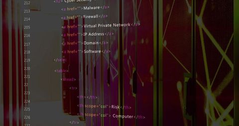 Neon-lit server racks with code overlay in dim data center aisle