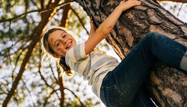 Smiling girl climbing pine trunk in sunlit forest, striped t-shirt and jeans adventure