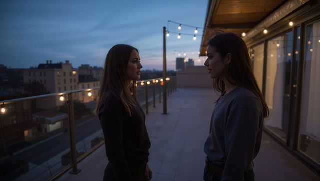Two women conversing on rooftop terrace at twilight with string lights