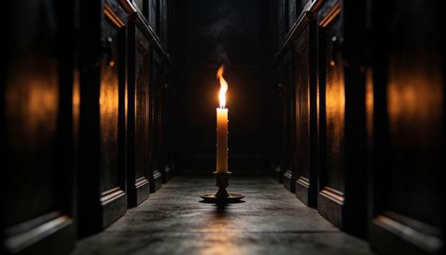 Glowing candle casting warm light in narrow chapel aisle with symmetrical wooden pews