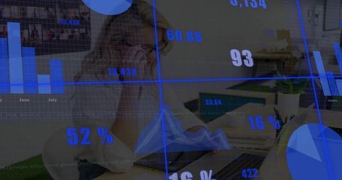 Woman Adjusting Glasses Checking Laptop with Data Overlay for Remote Work Productivity