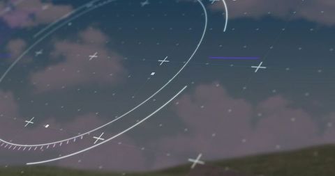 Futuristic augmented reality hud overlay across twilight sky with holographic grid and arcs