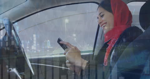 Smiling Woman Using Smartphone in Car with Data Overlay