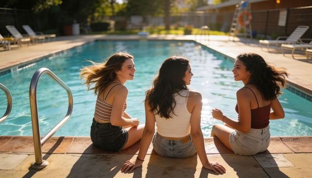 Three friends chatting poolside in denim shorts and tank tops on sunny afternoon
