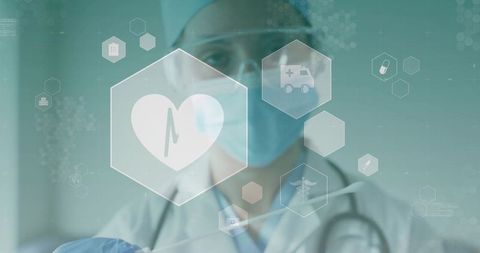 Clinician interacting with holographic healthcare interface with heart and ambulance icons