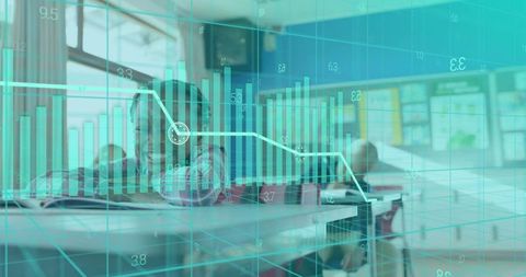 Student Studying with Data Visualization Overlay Representing EdTech Analytics in Classroom