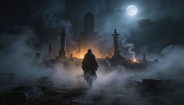 Cloaked wanderer approaching moonlit temple ruins through fog, firelight and smoke