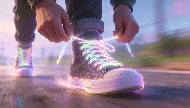 Tying high-top sneaker with neon glowing laces at dusk, motion-blur street style