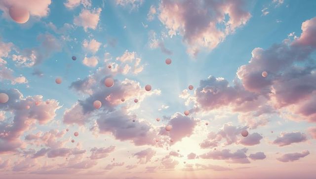 Floating pink orbs across pastel sunrise sky with sun rays and dreamy clouds minimalist dream