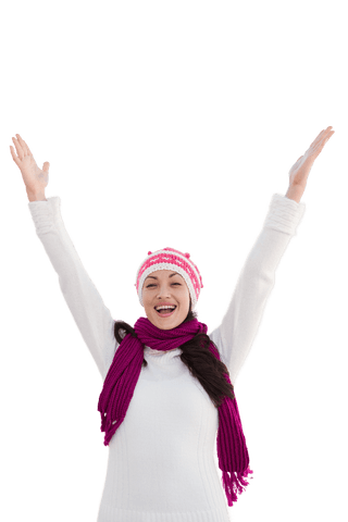 Cheerful Woman in Winter Attire on Transparent Background