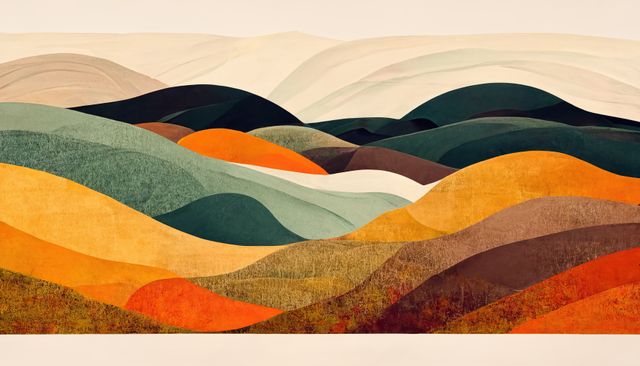 Abstract landscape with vibrant rolling hills in warm and cool tones. Explores curves and lines in a modern, digitally rendered form. This image can be used for contemporary art prints, wall decor, design elements, or as backgrounds for websites and presentations, giving a stylish and dynamic look.