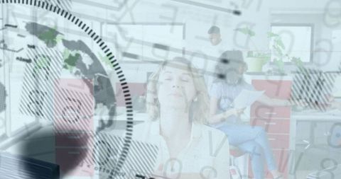 Professionals Working in Office with Digital Data Overlay