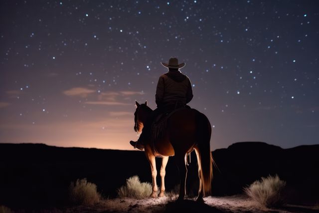 Cowboy on horse star gazing at night sky, created using generative ai technology. Stars, space, nature and night concept digitally generated image.