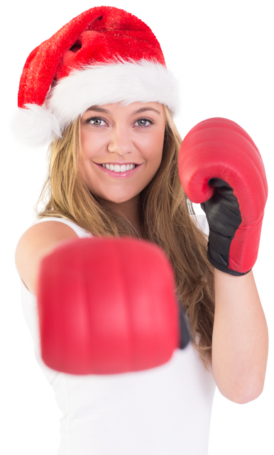 Caucasian Woman With Boxing Gloves And Christmas Hat On Transparent Background - Download Free Stock Videos Pikwizard.com