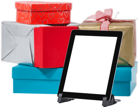 Transparent Illustration of Colorful Gifts with Tablet and Copy Space