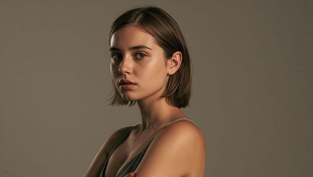 Poised woman posing with bob haircut crossing arms wearing olive-green top soft minimal portrait