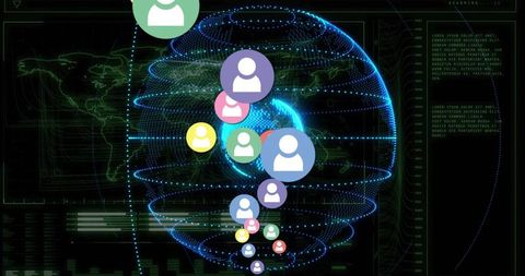 Futuristic digital globe with vertical avatar chain showing global network connections