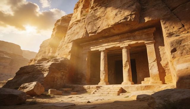 Sunlit rock-carved temple entrance with three columns in golden sandstone canyon