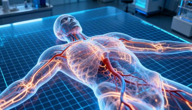 Translucent human anatomy with glowing circulatory system on blue lit lab grid for education