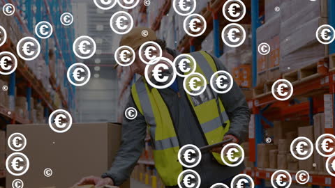 Warehouse Worker Amidst Floating Euro Currency Icons