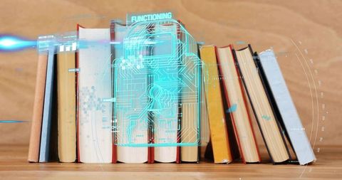 Holographic cybersecurity lock projecting over books for data protection and digital library securit