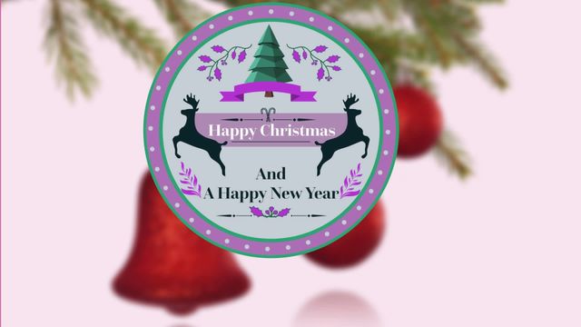 Festive animation depicting a greeting text banner over a decorated Christmas tree. The message reads 'Happy Christmas and A Happy New Year', alongside festive elements like reindeer and ornaments. Ideal for use in digital greeting cards, social media posts, holiday events, and promotional holiday content.