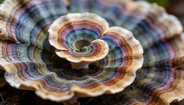 Multicolor turkey tail bracket fungus with concentric rings on mossy log macro close-up