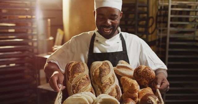 Smiling Baker Holding Freshly Baked Artisan Bread Basket - Download Free Stock Images Pikwizard.com
