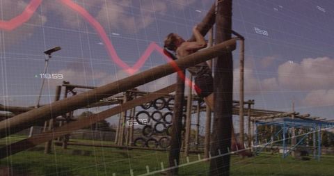 Female athlete scaling obstacle course pole with chart overlay